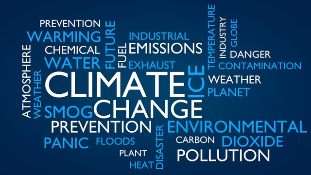 Climate change word tag cloud. 3D rendering, blue variant