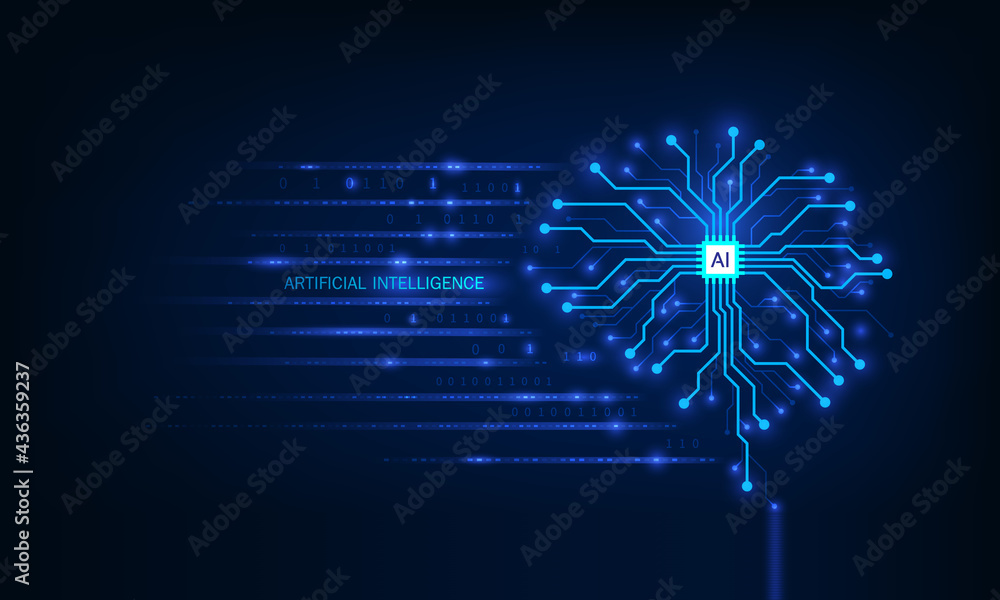 Poster artificial intelligence,technological brain and machine learning concept. abstract circuit board. di