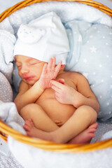 Sleeping newborn baby boy in wicker basket. Babyface close-up. Very sweet infant.