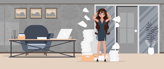 Woman with headache stress symptom and pile documents vector illustration design