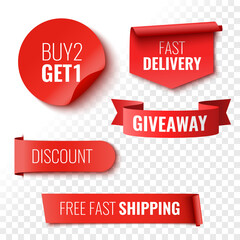 Giveaway, buy 2, get 1, fast delivery, discount and free shipping sale banners. Red ribbons, tags and stickers. Vector illustration. - obrazy, fototapety, plakaty
