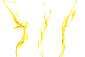 Abstract swirling movement of yellow-gold smoke moving isolated on white background. Steam fire design