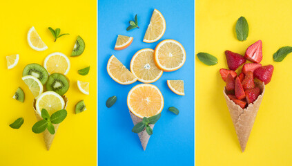 Collage of ice cream cone with  lemon, kiwi, orange fruit and strawberry on  the colored ...