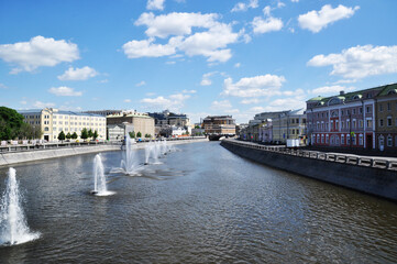 Panoramic view of the bypass canal. Fountains on the canal. Nice view of the old town houses.