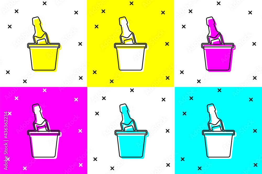 Poster set bottle of champagne in an ice bucket icon isolated on color background. vector