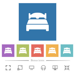 Double bed flat white icons in square backgrounds