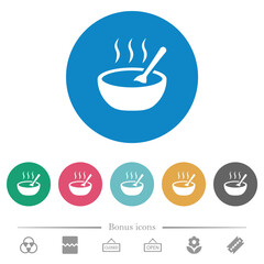 Steaming bowl of soup with spoon flat round icons