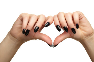 Female hands with black nails manicure isolated on white background.