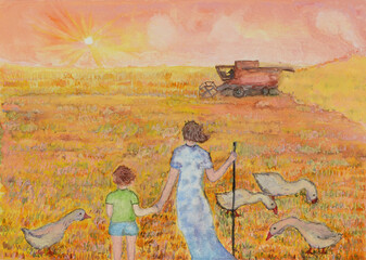 Children herd geese and watch combine harvesting ripe crop in field lit by setting sun. Mixed media painting
