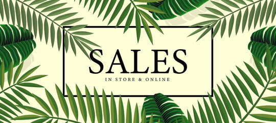 Obraz premium Summer sale banner with palm. Background for poster, flyer, card, postcard, cover, vector image