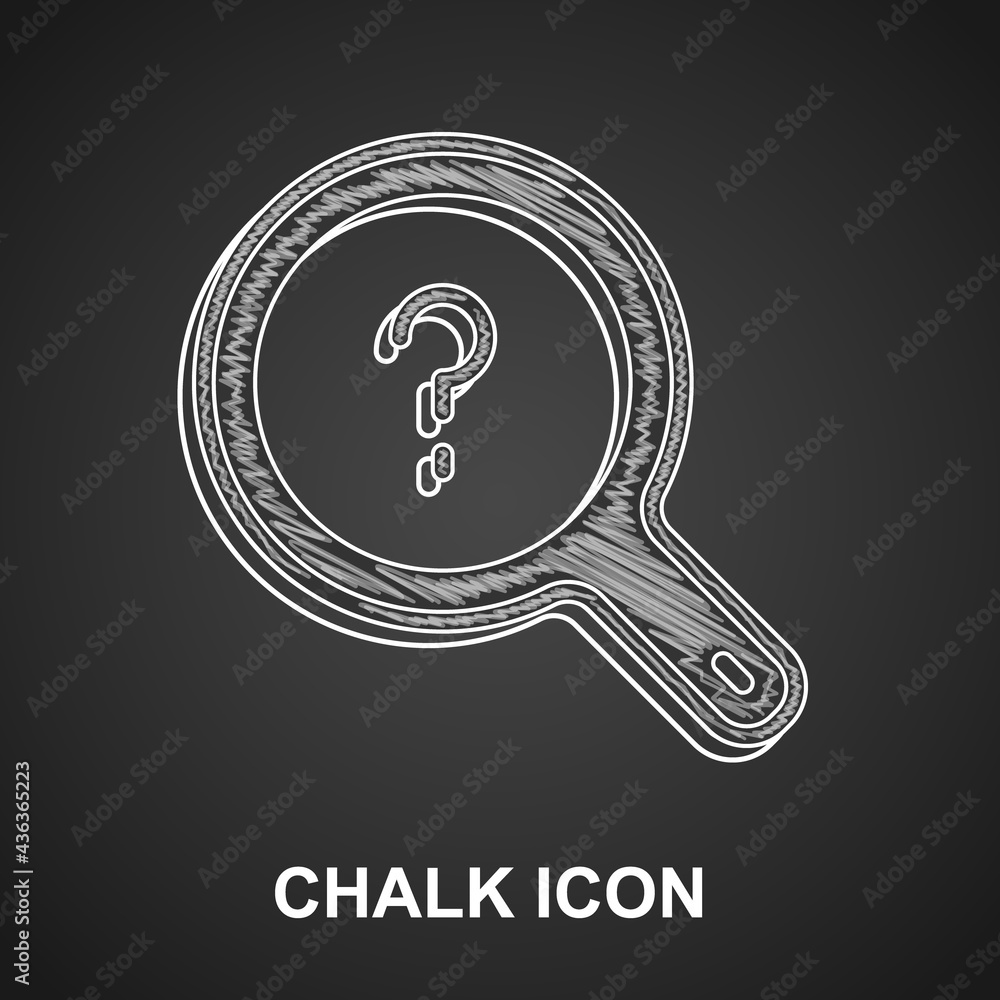 Poster chalk unknown search icon isolated on black background. magnifying glass and question mark. vector