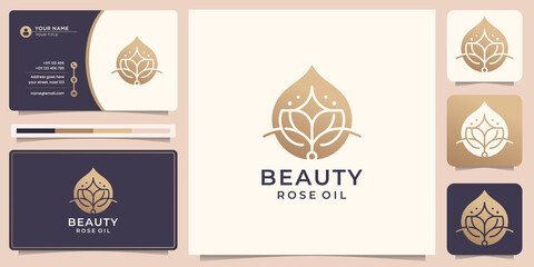 Luxury beauty rose oil logo. Beauty spa, lotus, essential oil, gold design with business card template. Premium vector