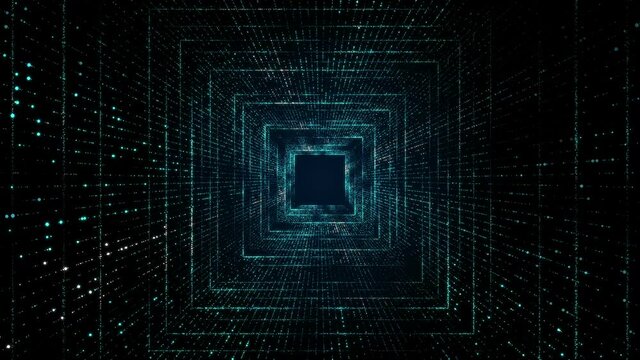 Flight inside tunnel. Abstract glowing futuristic squares.