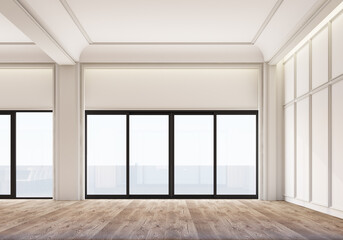 Modern classic White area space with wall panels decoration and wooden floor. 3d rendering