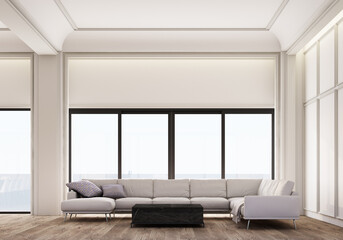 Modern classic White living area space sofa and coffee table with wall panels decoration and wooden floor. 3d rendering