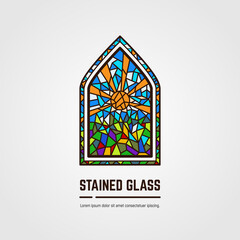 Colorful stained glass window. Logo, emblem or icon with text. Sun with rays and grass. Thick line style flat style linear vector. Architecture, religious or gallery. Bright stain glass color window.