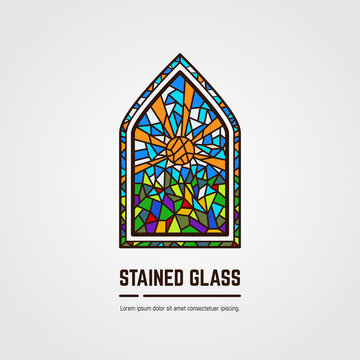 Colorful stained glass window. Logo, emblem or icon with text. Sun with rays and grass. Thick line style flat style linear vector. Architecture, religious or gallery. Bright stain glass color window.