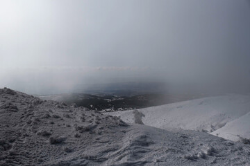 snowy hill on a foggy day