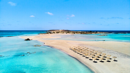 Elafonissi beach on Crete island, Greece, Europe. Popular paradise beach panorama with no people due to COVID-19 pandemic