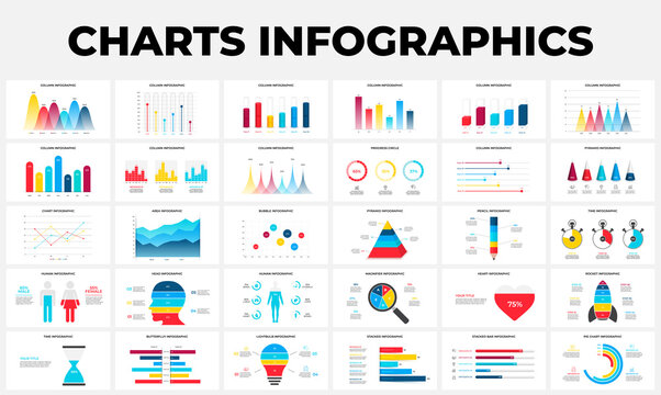 Bundle with area, bubble and progress charts infographic design templates. Modern flat vector illustration for presentation. Annual report