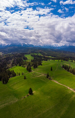 Fototapeta na wymiar View from above on beautiful green meadows, snow-capped peaks of the Tatra Mountains in the distance. View from the air. View from the drone.