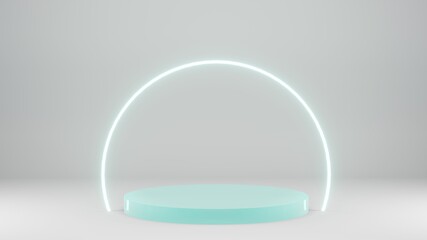 3D render still life with glowing circle on light blue color pedestal, empty space for text or object
