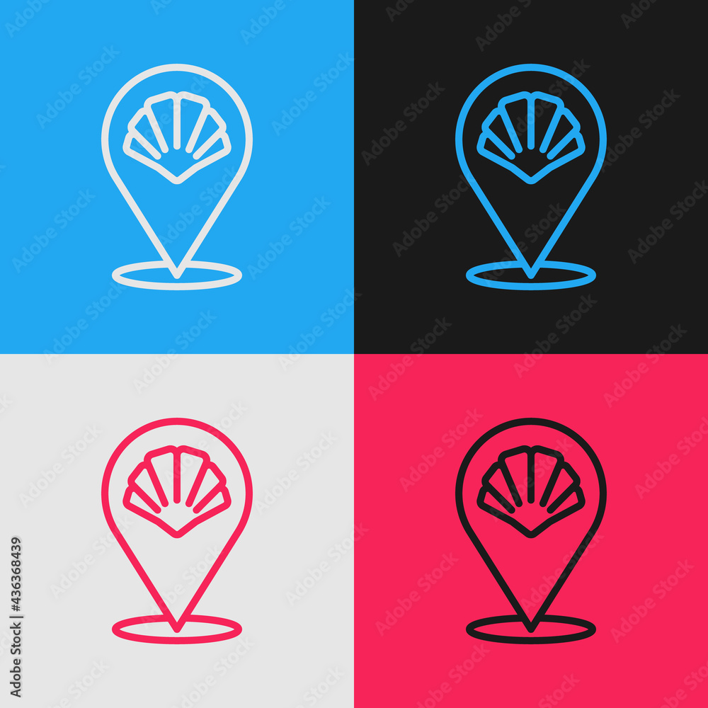 Poster pop art line scallop sea shell icon isolated on color background. seashell sign. vector