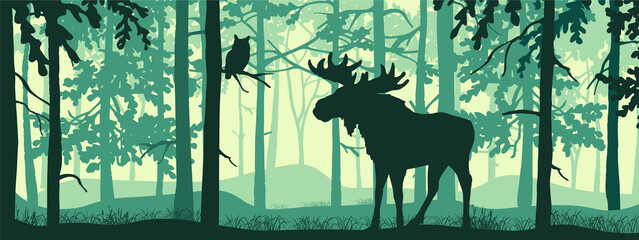 Horizontal banner of forest landscape. Moose with antlers in magic misty forest. Owl on branch. Silhouettes of trees and animals. Blue and green background, illustration. Bookmark.