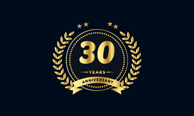 30th golden anniversary logo, with shiny ring and golden ribbon, laurel wreath isolated on navy blue background