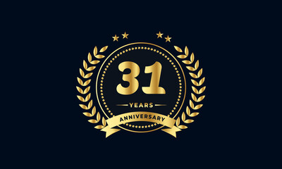 Fototapeta premium 31th golden anniversary logo, with shiny ring and golden ribbon, laurel wreath isolated on navy blue background