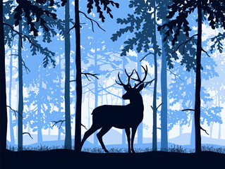 Deer with antlers posing, forest background, silhouettes of trees. Magical misty landscape. Blue and white illustration.