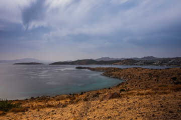 Bodrum, Turkey - october 2020: View from Bodrum coast. Bodrum is one of the most popular summer destinations on Turkey, located by the Aegean Sea, Turkish Riviera. Long exposure picture