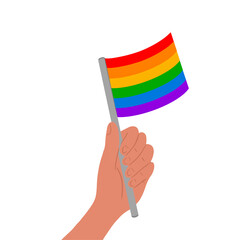Hand holding rainbow lgbt flag isolated on white background