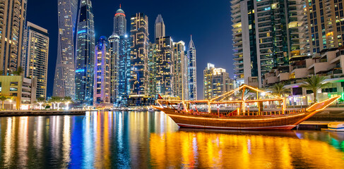 Night Marina Bay skyline in Dubai, UAE - obrazy, fototapety, plakaty