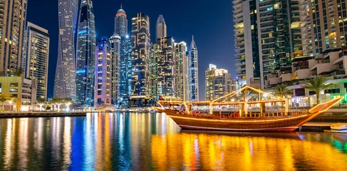 Tuinposter Dubai Night Marina Bay skyline in Dubai, UAE