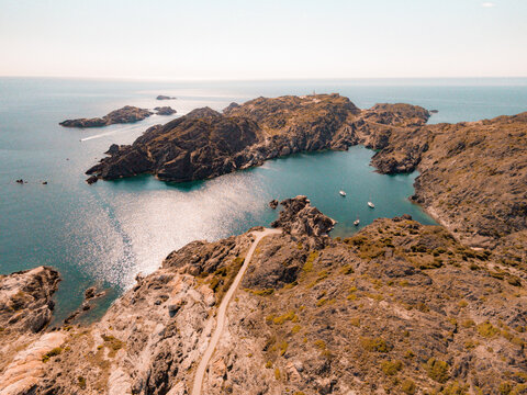 Amazing aerial view of Cala Culip and Massa d'Or island in Cap de Creus, Catalunya, Spain