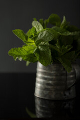 Bunch of fresh mint in iron cup.