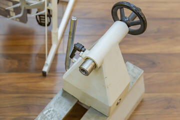 Industrial equipment in a small carpentry workshop. Manual production of wood and precious woods products