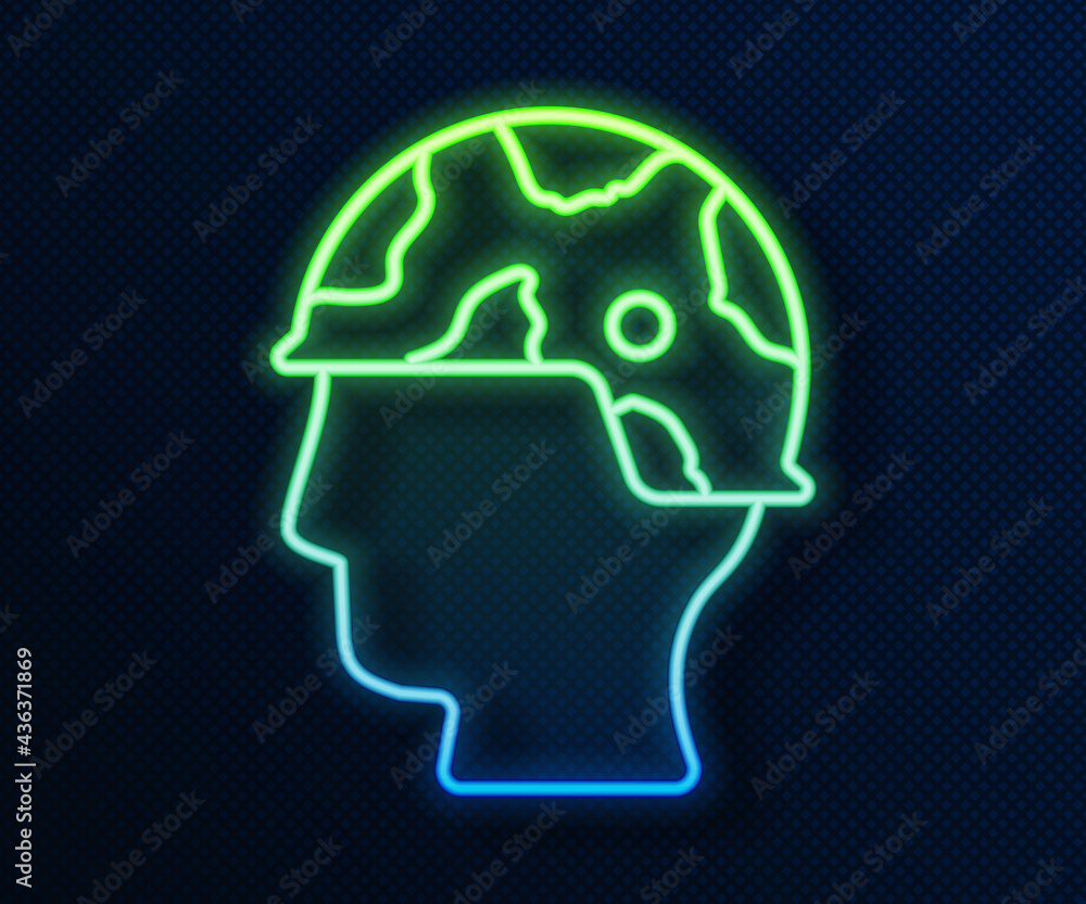 Sticker glowing neon line army soldier icon isolated on blue background. vector