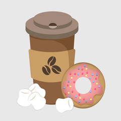 Disposable coffee cup with donut and marshmello. Vector illustration. Romantic. Nice.