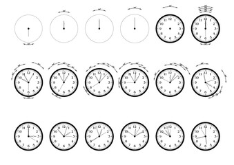 Rotating alarm hand, hour hand, minute hand, second hand, dial. Clock assembly kit. Examples of turning hands at different times. Vector illustration.