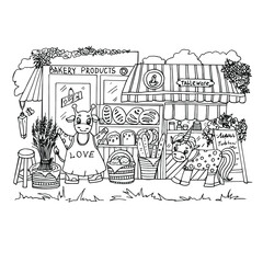 A cheerful unicorn buys bread at a bakery. Cute giraffe seller. Coloring book for children and adults drawn by hand.