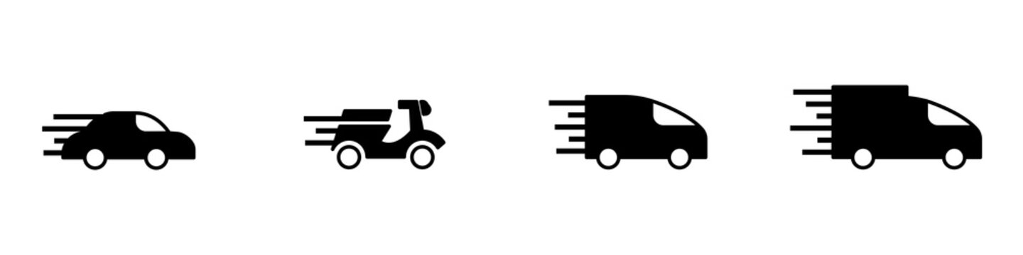 Conjunto de iconos de delivery. Entrega a domicilio, env&iacute;os, veh&iacute;culos de transporte. Concepto de encargos o servicio de entregas