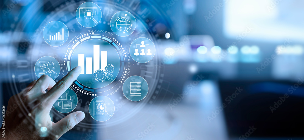 Poster business hand worker holding business analytics big data analysis technology future concept on vr sc