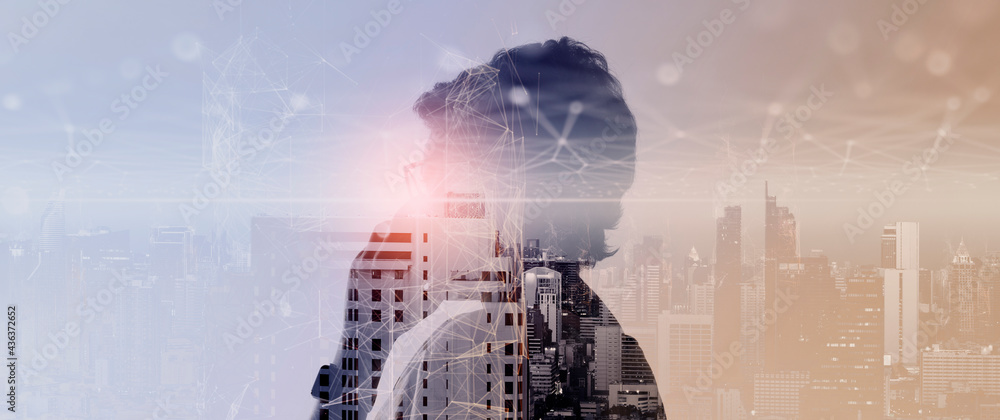 Aufkleber double exposure of young woman calling with smart phone.mobile communication network concept