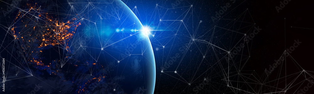 Aufkleber Communication technology for internet business. Global world network and telecommunication on earth cryptocurrency and blockchain and IoT. Elements of this image furnished by NASA