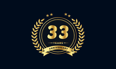 33th golden anniversary logo, with shiny ring and golden ribbon, laurel wreath isolated on navy blue background