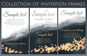 vector collection of  black stylized invitation with imitation watercolor and bright gold texture