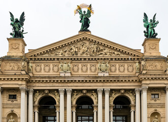 the facade of the opera house in Lviv..