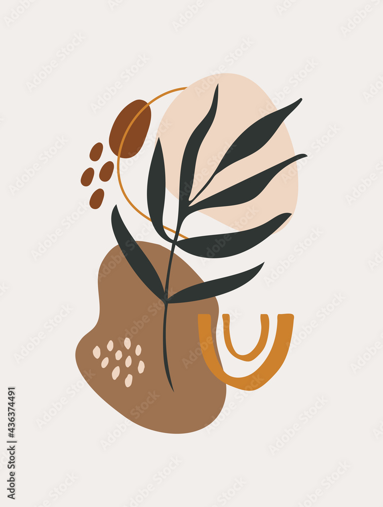 Poster modern abstract tropical wall art with various shapes, plant and doodle objects on pastel background